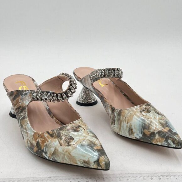 FSJ Marble Rhinestone Cone Low Heel Mule Pointed Toe One Strap Sandal Dress Shoe - Picture 4 of 8